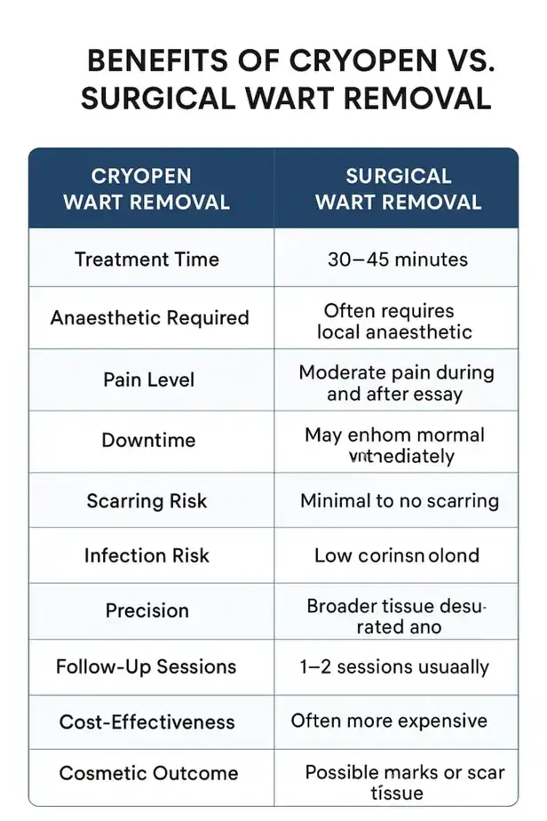 Table showing the benefits of cryopen to remove warts Redhill compared to surgical treatment